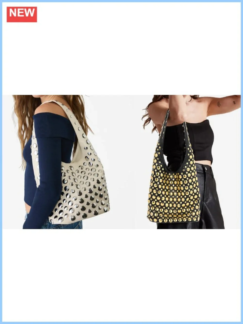 Studded Hobo Bag PU Leather Rivets Bucket Purse for Women